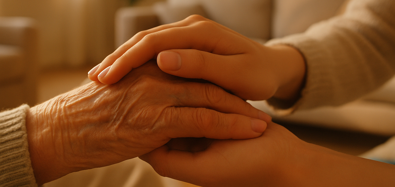 A caregiver's gentle hand rests on an older person's hand in a sunlit room