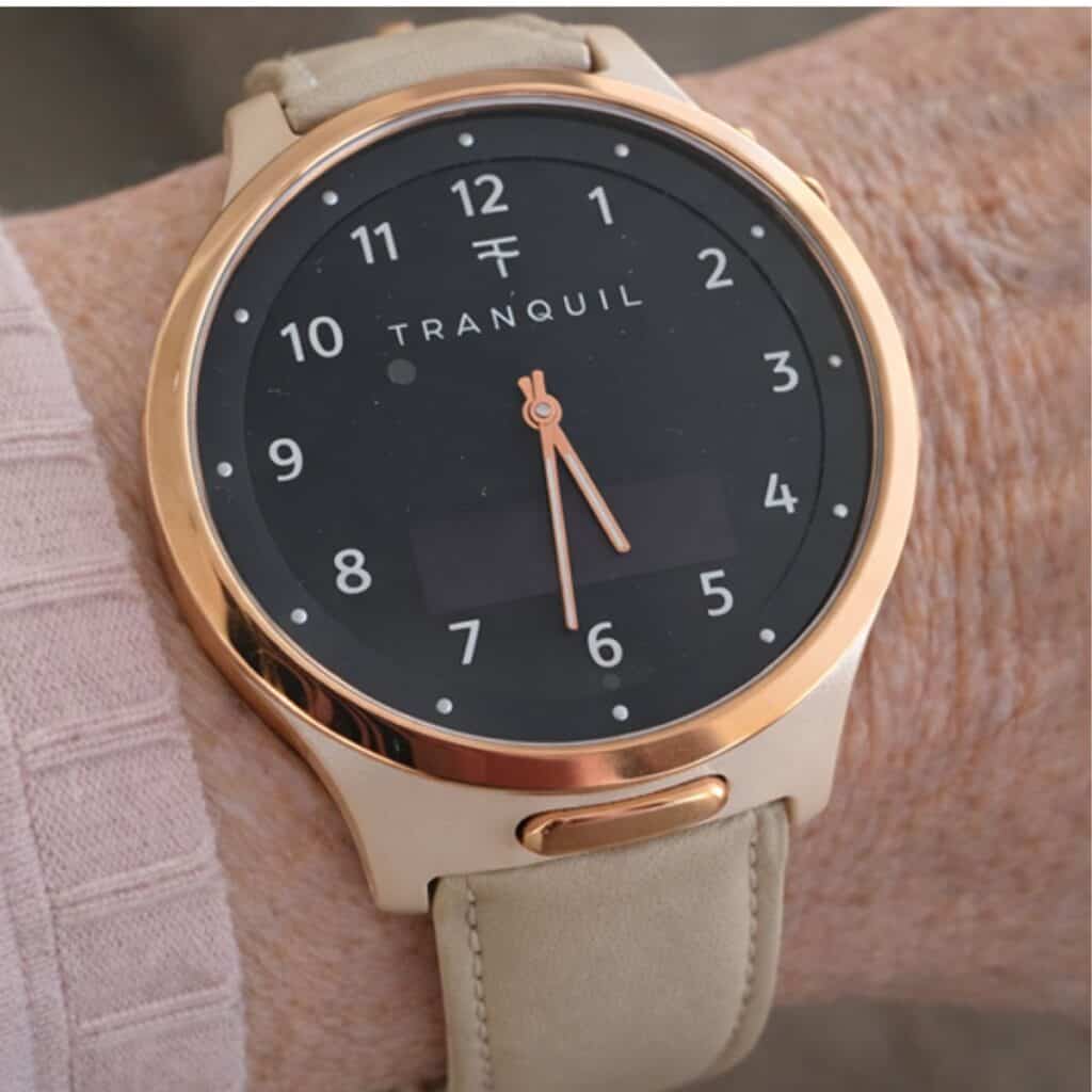 Rose gold and sand tranquil watch on an elderly woman's wrist 1200 x 1200 (1)