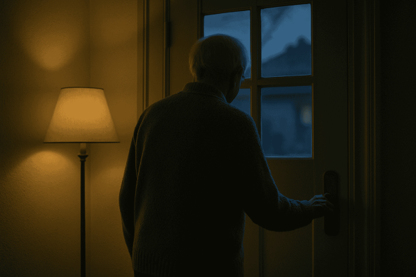 An older person's hand on a doorknob at dusk, creating concern