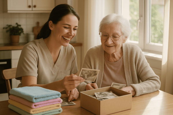 A caregiver and a senior enjoy a meaningful activity in a safe environment