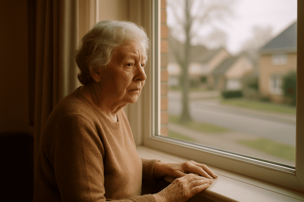 A senior looks out a window, visually representing cognitive disconnect with surroundings