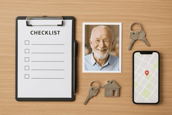 An organized flat lay of items for creating a personal emergency profile sheet